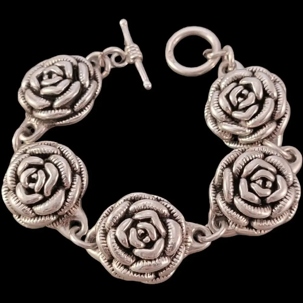 Vintage Sterling 3D Rose Flower Design Link Bracelet